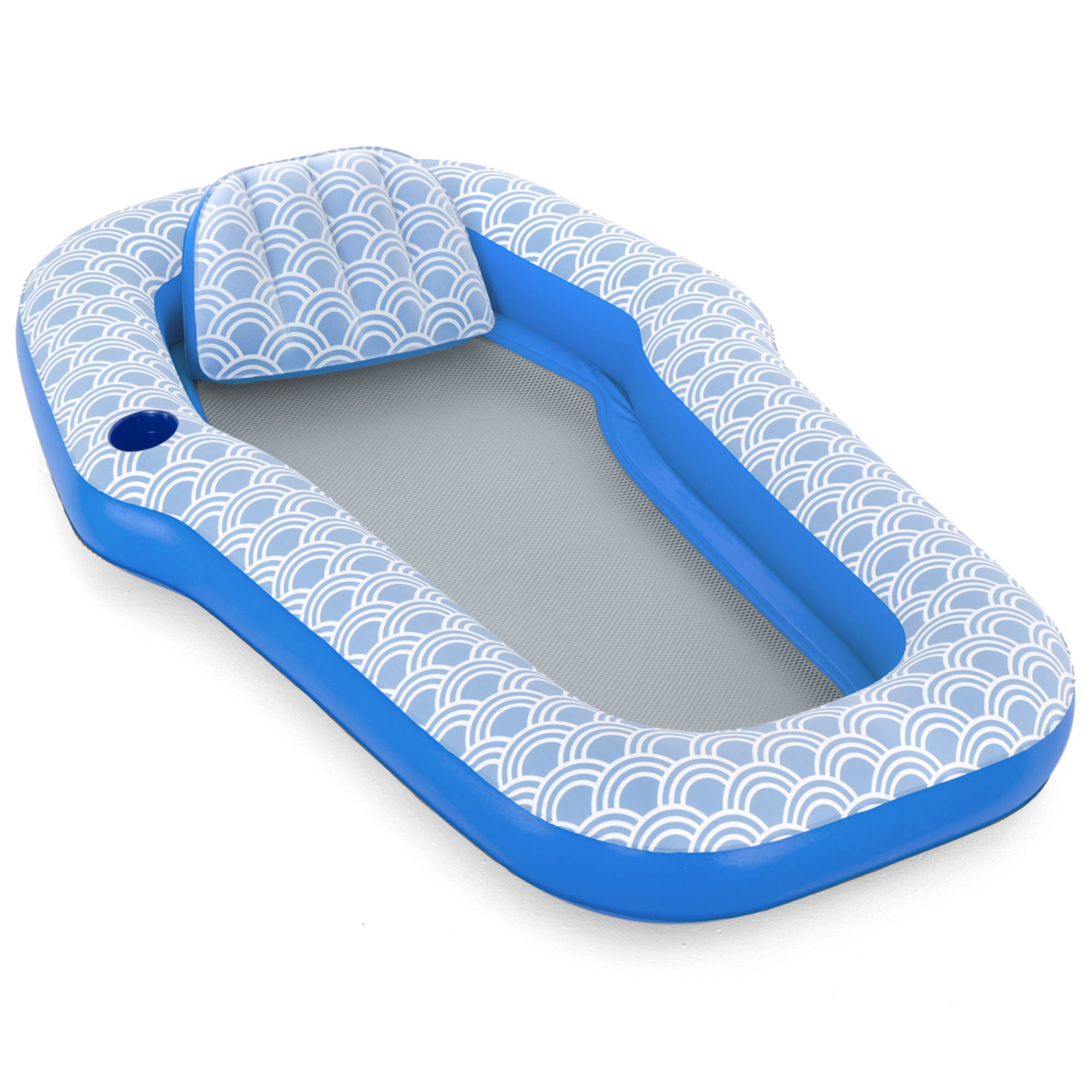 Bestway H2OGO! Comfort Plush Pool Lounge, 70" x 46" Blue & White Water Float, Easy Inflate & Deflate, Built-In Cupholder